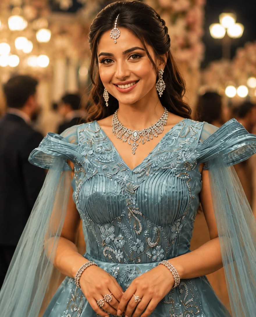 BLUE - Turquoise Net Designer Gown with Embroidered Work for Ceremonial
